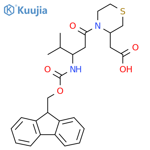 2-{4-3-({(9H-fluoren-9-yl)methoxycarbonyl}amino)-4-methylpentanoylthiomorpholin-3-yl}acetic acid structure