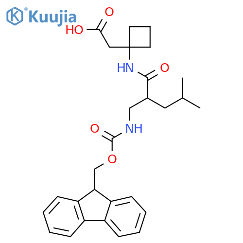 2-(1-{2-({(9H-fluoren-9-yl)methoxycarbonyl}amino)methyl-4-methylpentanamido}cyclobutyl)acetic acid structure