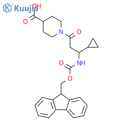 1-3-cyclopropyl-3-({(9H-fluoren-9-yl)methoxycarbonyl}amino)propanoylpiperidine-4-carboxylic acid structure