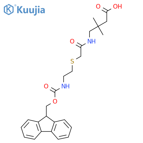 4-(2-{2-({(9H-fluoren-9-yl)methoxycarbonyl}amino)ethylsulfanyl}acetamido)-3,3-dimethylbutanoic acid structure