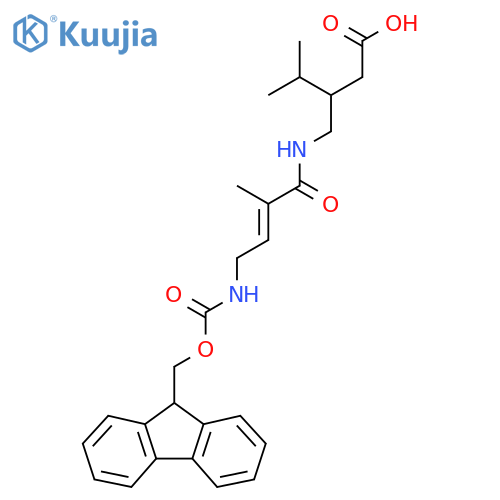 3-{4-({(9H-fluoren-9-yl)methoxycarbonyl}amino)-2-methylbut-2-enamidomethyl}-4-methylpentanoic acid structure
