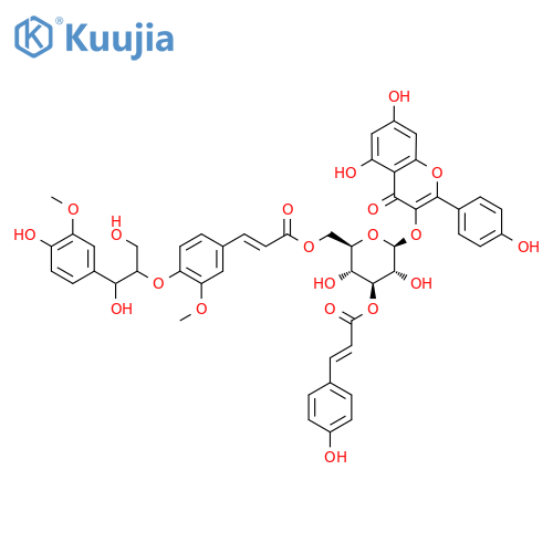 4H-1-Benzopyran-4-one, 5,7-dihydroxy-3-[[6-O-[(2E)-3-[4-[2-hydroxy-2-(4-hydroxy-3-methoxyphenyl)-1-(hydroxymethyl)ethoxy]-3-methoxyphenyl]-1-oxo-2-propen-1-yl]-3-O-[(2E)-3-(4-hydroxyphenyl)-1-oxo-2-propen-1-yl]-β-D-glucopyranosyl]oxy]-2-(4-hydroxyphenyl)- structure