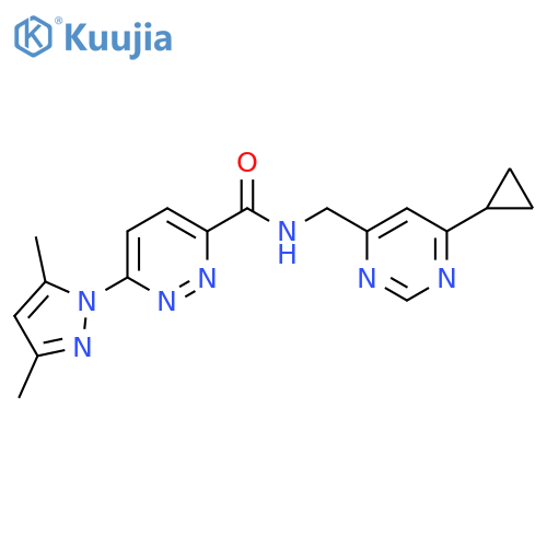N-[(6-cyclopropylpyrimidin-4-yl)methyl]-6-(3,5-dimethyl-1H-pyrazol-1-yl)pyridazine-3-carboxamide structure