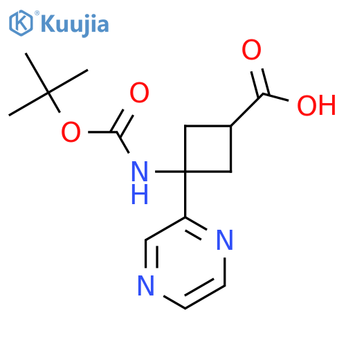 3-{(tert-butoxy)carbonylamino}-3-(pyrazin-2-yl)cyclobutane-1-carboxylic acid structure
