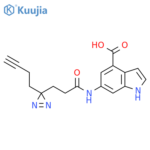 6-{3-3-(but-3-yn-1-yl)-3H-diazirin-3-ylpropanamido}-1H-indole-4-carboxylic acid structure