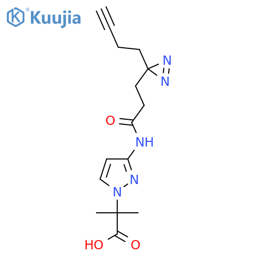 2-(3-{3-3-(but-3-yn-1-yl)-3H-diazirin-3-ylpropanamido}-1H-pyrazol-1-yl)-2-methylpropanoic acid structure