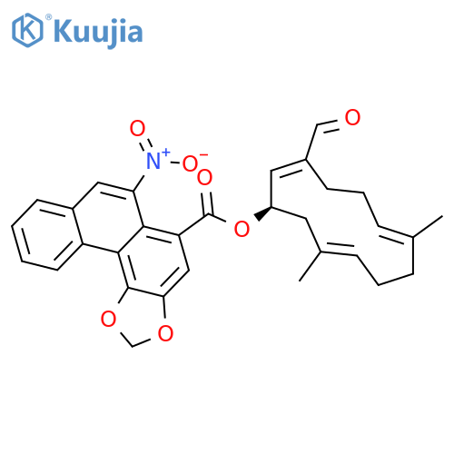 Phenanthro[3,4-d]-1,3-dioxole-5-carboxylic acid, 6-nitro-, (1R,2E,6E,10E)-3-formyl-7,11-dimethyl-2,6,10-cyclododecatrien-1-yl ester structure
