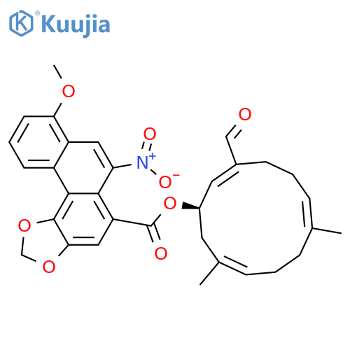 Phenanthro[4,3-d]-1,3-dioxole-5-carboxylicacid, 8-methoxy-6-nitro-,(1R,2E,6E,10E)-3-formyl-7,11-dimethyl-2,6,10-cyclododecatrien-1-yl ester structure
