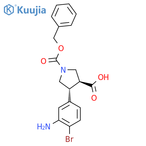 rac-(3R,4S)-4-(3-amino-4-bromophenyl)-1-(benzyloxy)carbonylpyrrolidine-3-carboxylic acid structure