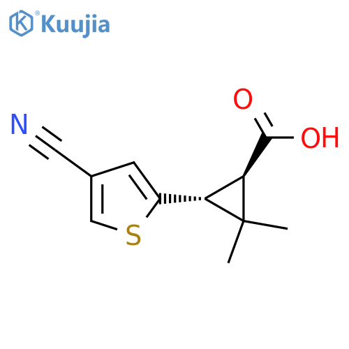 rac-(1R,3R)-3-(4-cyanothiophen-2-yl)-2,2-dimethylcyclopropane-1-carboxylic acid structure