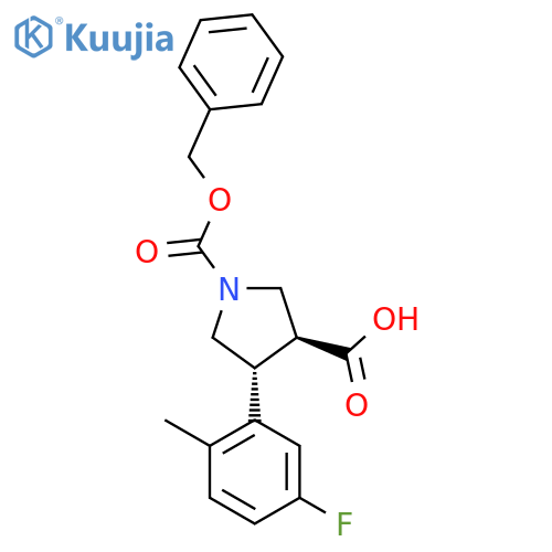 rac-(3R,4S)-1-(benzyloxy)carbonyl-4-(5-fluoro-2-methylphenyl)pyrrolidine-3-carboxylic acid structure