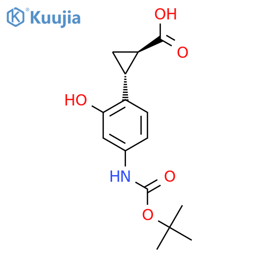 rac-(1R,2R)-2-(4-{(tert-butoxy)carbonylamino}-2-hydroxyphenyl)cyclopropane-1-carboxylic acid structure