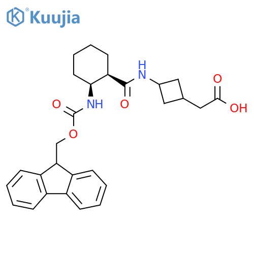 rac-2-{3-(1R,2S)-2-({(9H-fluoren-9-yl)methoxycarbonyl}amino)cyclohexaneamidocyclobutyl}acetic acid structure