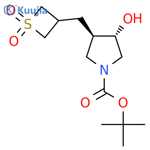 rac-tert-butyl (3R,4S)-3-(1,1-dioxo-1lambda6-thietan-3-yl)methyl-4-hydroxypyrrolidine-1-carboxylate structure
