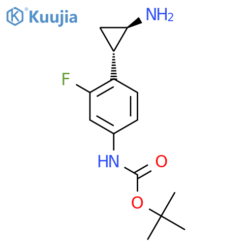 rac-tert-butyl N-{4-(1R,2S)-2-aminocyclopropyl-3-fluorophenyl}carbamate structure
