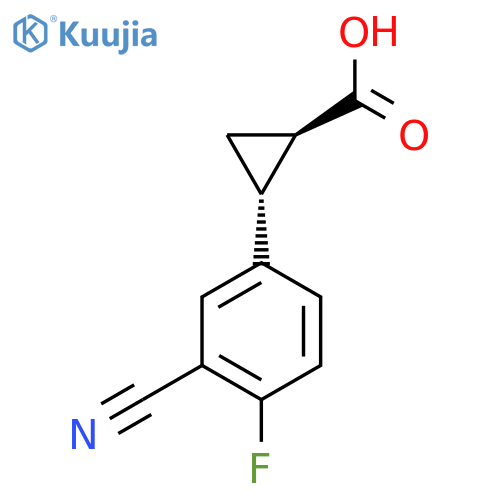rac-(1R,2R)-2-(3-cyano-4-fluorophenyl)cyclopropane-1-carboxylic acid structure