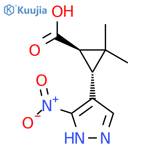 rac-(1R,3R)-2,2-dimethyl-3-(3-nitro-1H-pyrazol-4-yl)cyclopropane-1-carboxylic acid structure