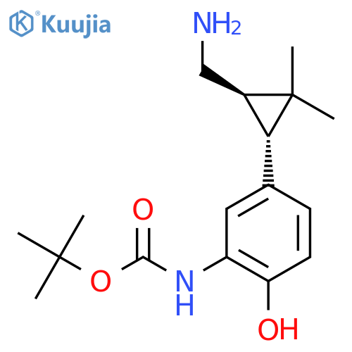 rac-tert-butyl N-{5-(1R,3R)-3-(aminomethyl)-2,2-dimethylcyclopropyl-2-hydroxyphenyl}carbamate structure