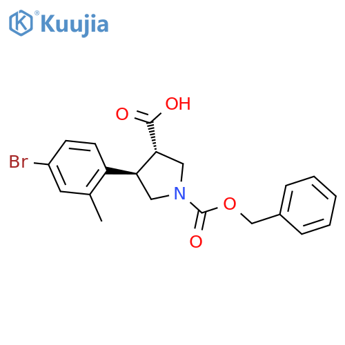 rac-(3R,4S)-1-(benzyloxy)carbonyl-4-(4-bromo-2-methylphenyl)pyrrolidine-3-carboxylic acid structure