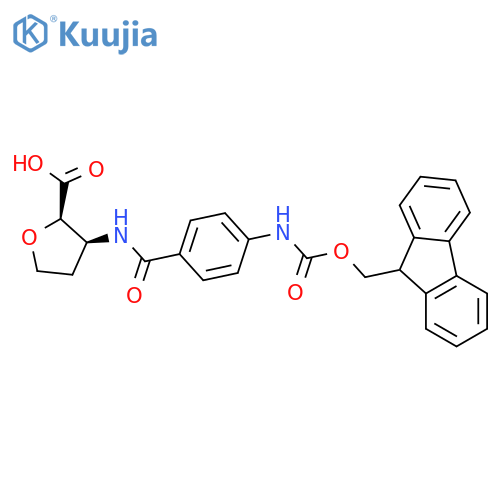 rac-(2R,3S)-3-4-({(9H-fluoren-9-yl)methoxycarbonyl}amino)benzamidooxolane-2-carboxylic acid structure