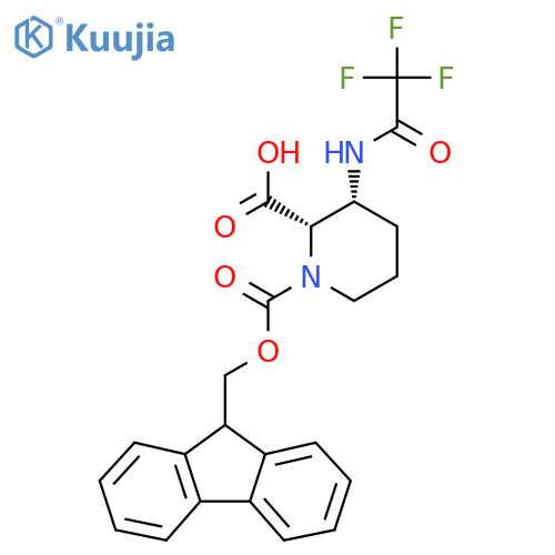 rac-(2R,3S)-1-{(9H-fluoren-9-yl)methoxycarbonyl}-3-(trifluoroacetamido)piperidine-2-carboxylic acid structure