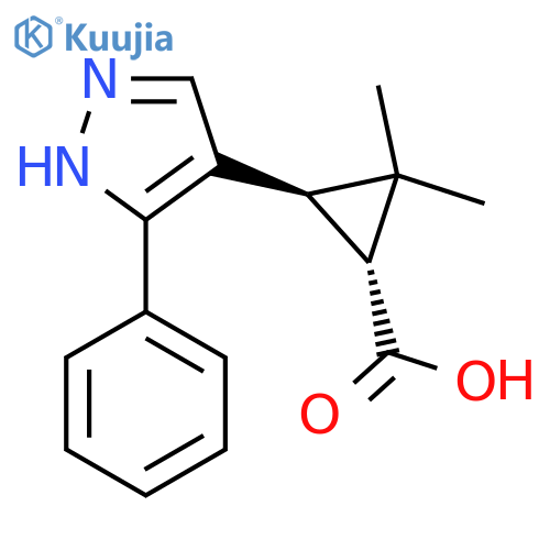 rac-(1R,3R)-2,2-dimethyl-3-(3-phenyl-1H-pyrazol-4-yl)cyclopropane-1-carboxylic acid structure