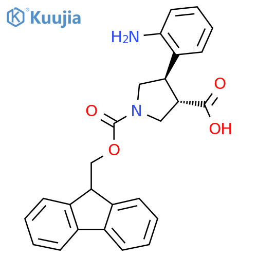rac-(3R,4S)-4-(2-aminophenyl)-1-{(9H-fluoren-9-yl)methoxycarbonyl}pyrrolidine-3-carboxylic acid structure