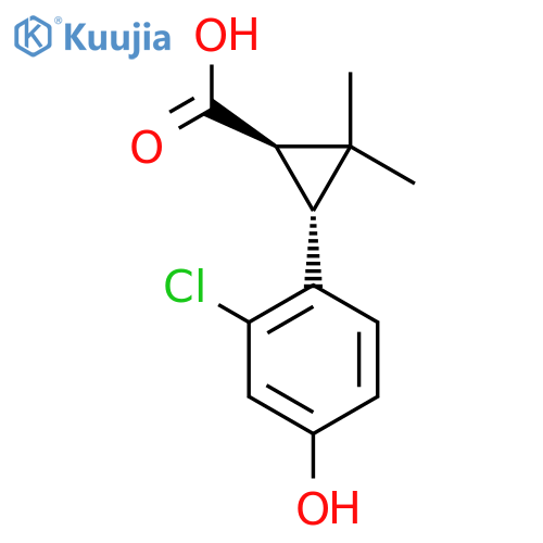 rac-(1R,3R)-3-(2-chloro-4-hydroxyphenyl)-2,2-dimethylcyclopropane-1-carboxylic acid structure