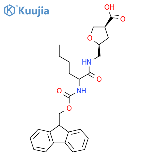 rac-(3R,5R)-5-{2-({(9H-fluoren-9-yl)methoxycarbonyl}amino)hexanamidomethyl}oxolane-3-carboxylic acid structure