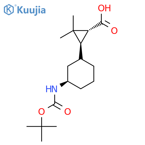 (1RS,3RS)-3-(3R)-3-{(tert-butoxy)carbonylamino}cyclohexyl-2,2-dimethylcyclopropane-1-carboxylic acid structure