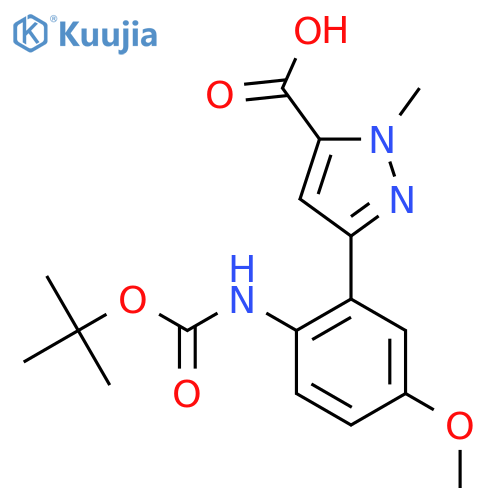 3-(2-{(tert-butoxy)carbonylamino}-5-methoxyphenyl)-1-methyl-1H-pyrazole-5-carboxylic acid structure