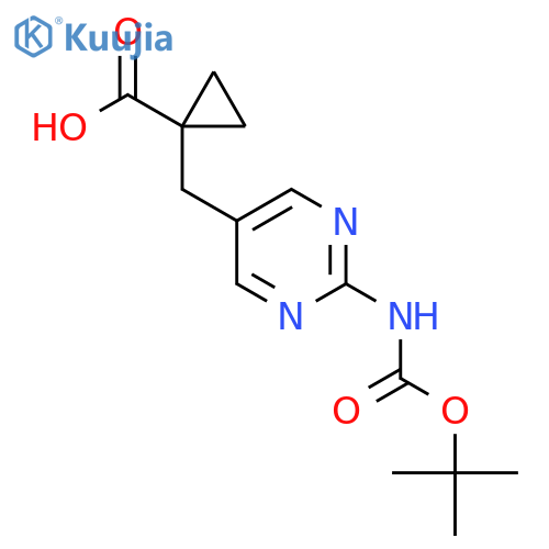 1-(2-{(tert-butoxy)carbonylamino}pyrimidin-5-yl)methylcyclopropane-1-carboxylic acid structure