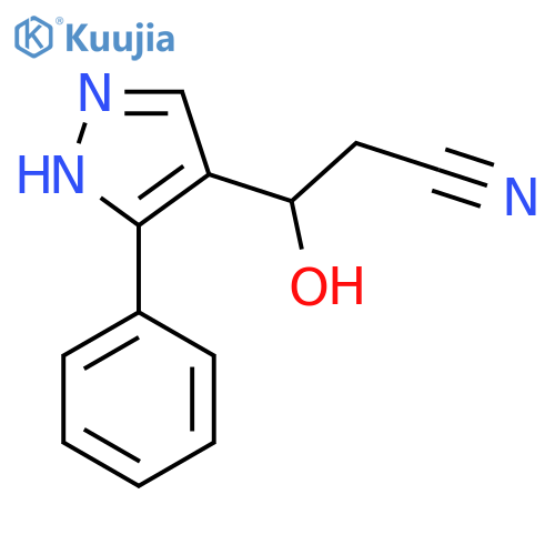3-hydroxy-3-(3-phenyl-1H-pyrazol-4-yl)propanenitrile structure