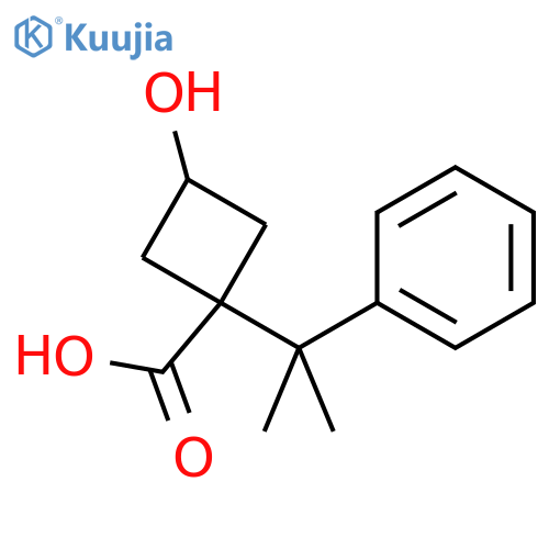 3-hydroxy-1-(2-phenylpropan-2-yl)cyclobutane-1-carboxylic acid structure