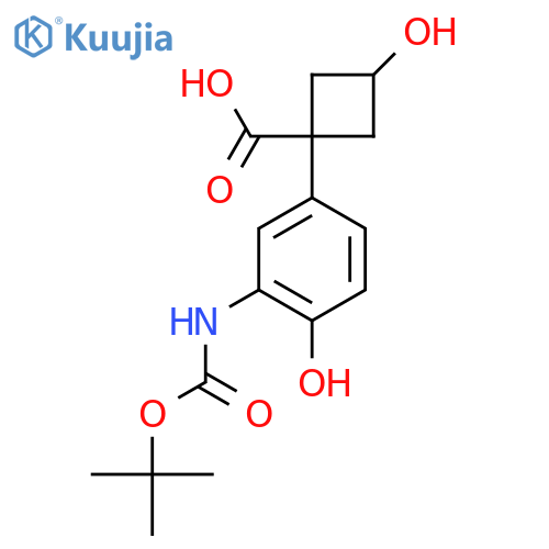 1-(3-{(tert-butoxy)carbonylamino}-4-hydroxyphenyl)-3-hydroxycyclobutane-1-carboxylic acid structure