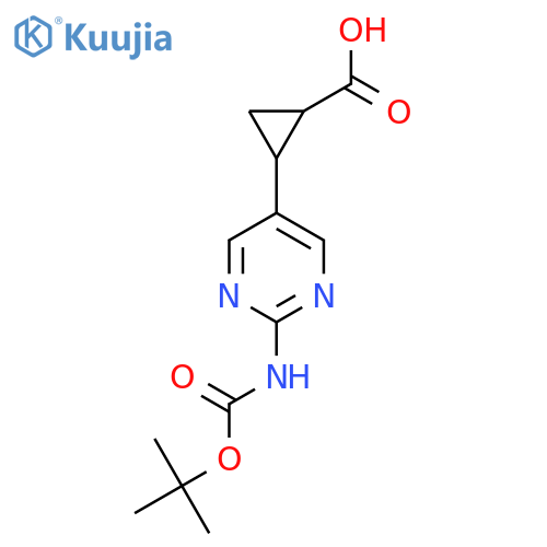 2-(2-{(tert-butoxy)carbonylamino}pyrimidin-5-yl)cyclopropane-1-carboxylic acid structure