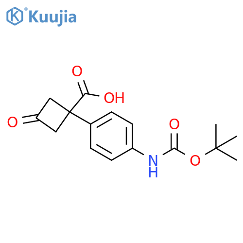 1-(4-{(tert-butoxy)carbonylamino}phenyl)-3-oxocyclobutane-1-carboxylic acid structure