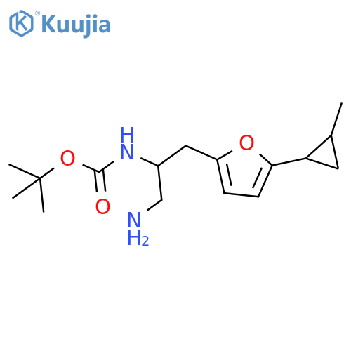 tert-butyl N-{1-amino-3-5-(2-methylcyclopropyl)furan-2-ylpropan-2-yl}carbamate structure