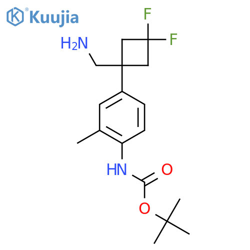 tert-butyl N-{4-1-(aminomethyl)-3,3-difluorocyclobutyl-2-methylphenyl}carbamate structure