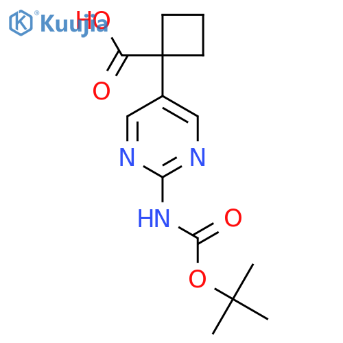 1-(2-{(tert-butoxy)carbonylamino}pyrimidin-5-yl)cyclobutane-1-carboxylic acid structure