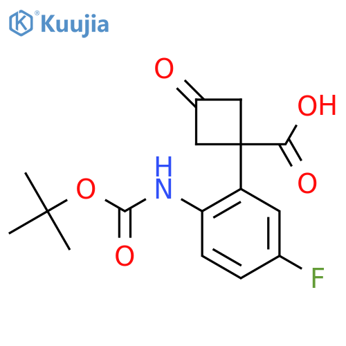 1-(2-{(tert-butoxy)carbonylamino}-5-fluorophenyl)-3-oxocyclobutane-1-carboxylic acid structure