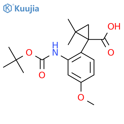 1-(2-{(tert-butoxy)carbonylamino}-4-methoxyphenyl)-2,2-dimethylcyclopropane-1-carboxylic acid structure