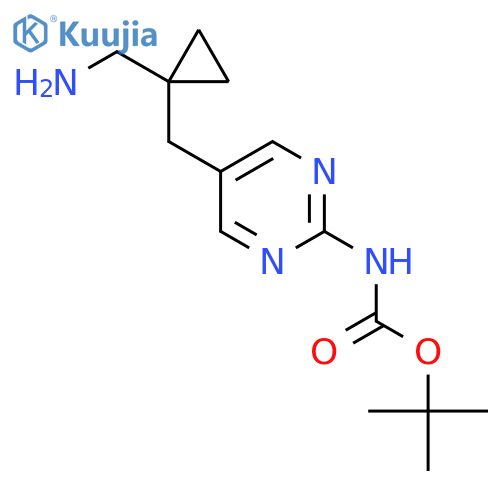 tert-butyl N-(5-{1-(aminomethyl)cyclopropylmethyl}pyrimidin-2-yl)carbamate structure