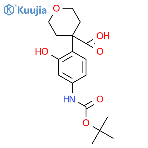 4-(4-{(tert-butoxy)carbonylamino}-2-hydroxyphenyl)oxane-4-carboxylic acid structure