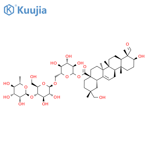 Olean-12-en-28-oic acid, 3,23,29-trihydroxy-, O-6-deoxy-α-L-mannopyranosyl-(1→4)-O-β-D-glucopyranosyl-(1→6)-β-D-glucopyranosyl ester, (3β,4α,20α)- structure