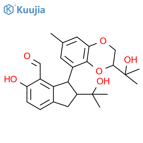 3-[2,3-Dihydro-3-(1-hydroxy-1-methylethyl)-7-methyl-1,4-benzodioxin-5-yl]-2,3-dihydro-5-hydroxy-2-(1-hydroxy-1-methylethyl)-1H-indene-4-carboxaldehyde; (2R,3R,3'S)-form structure