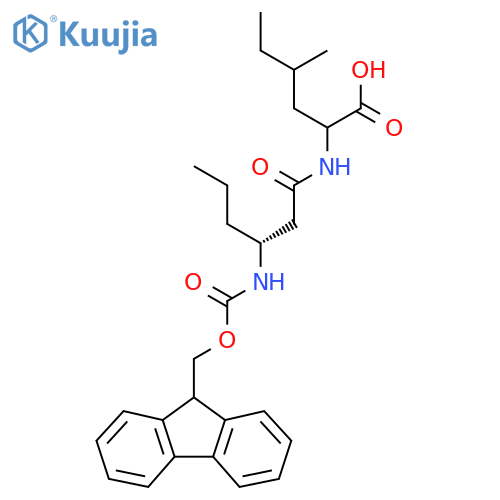 2-(3R)-3-({(9H-fluoren-9-yl)methoxycarbonyl}amino)hexanamido-4-methylhexanoic acid structure