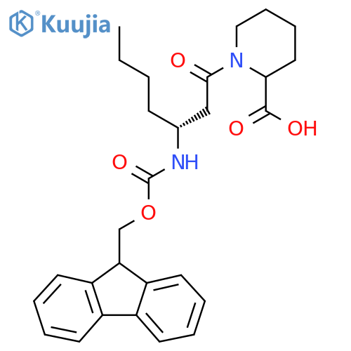 1-[(3R)-3-({[(9H-fluoren-9-yl)methoxy]carbonyl}amino)heptanoyl]piperidine-2-carboxylic acid structure