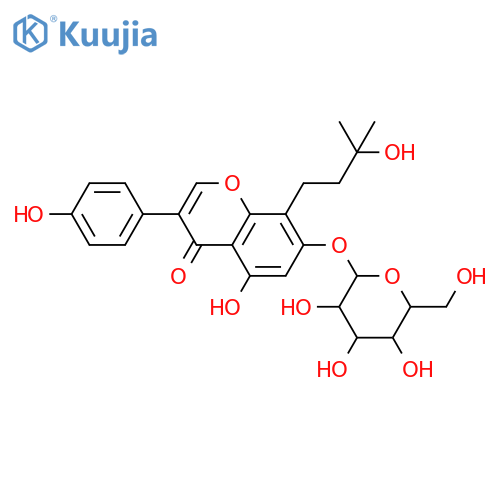4',5,7-Trihydroxy-8-prenylisoflavone; 2'',3''-Dihydro, 3''-hydroxy, 7-O-β-D-glucopyranoside structure