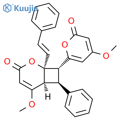 2-Oxabicyclo[4.2.0]oct-4-en-3-one, 5-methoxy-8-(4-methoxy-2-oxo-2H-pyran-6-yl)-7-phenyl-1-[(1E)-2-phenylethenyl]-, (1R,6S,7S,8S)-rel- structure